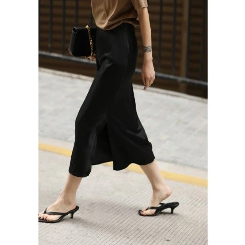 2024 Summer Women Elegant Fashion Satin Vintage High Waist Party Skirts Office Lady Luxury Solid Sexy Split Slim Midi Skirt Saia