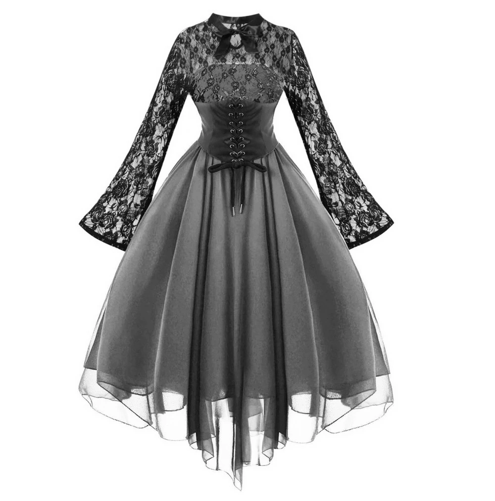 

Halloween Costume Women Gothic Long Dress Lace Patchwork Mesh High Waist Party Dress Retro Lace Up Large Swing Cocktail Dress