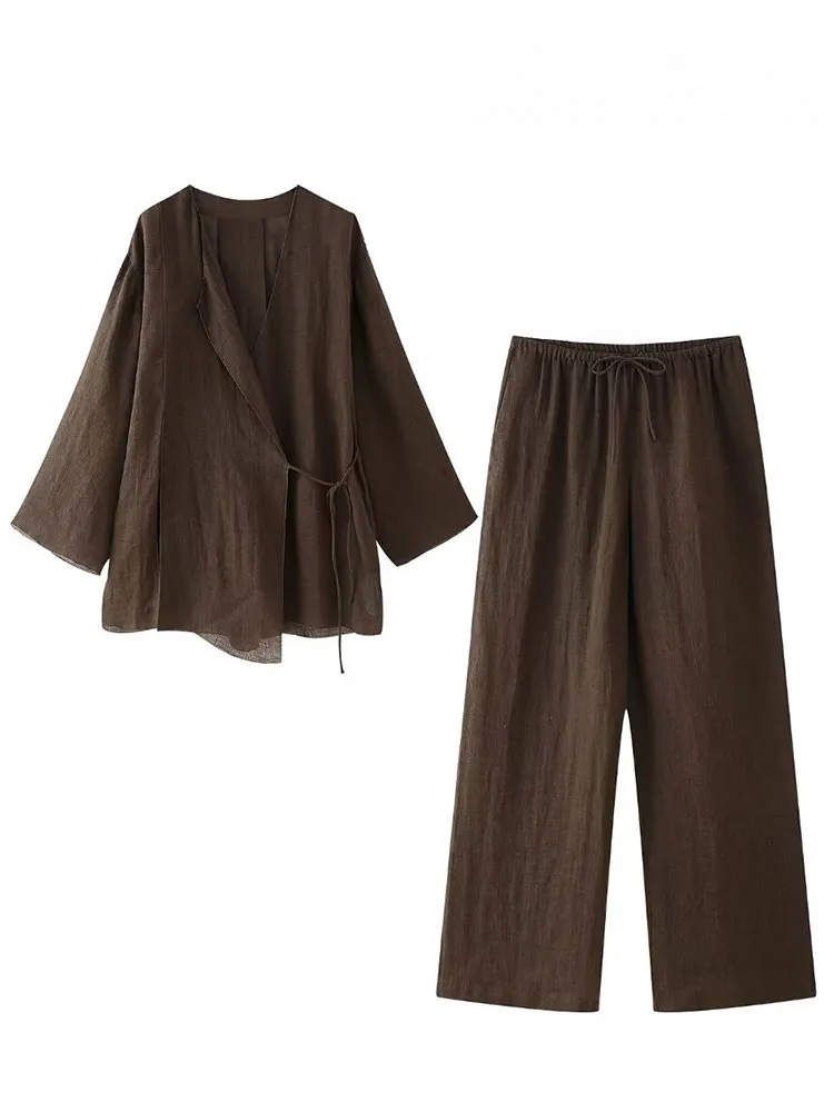 

HH 2024, весенние льняные костюмы для женщин, модный льняной коричневый кардиган, кимоно, топ + шнуровка, повседневные женские широкие брюки
