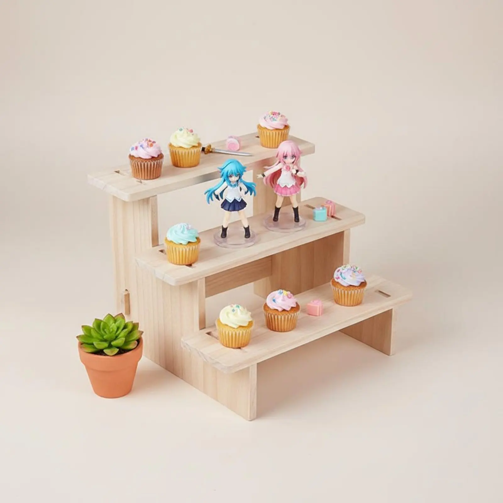 Four-Tier Wood Display Stand Multi-Functional Figurine Collection Shelf Wooden Display Riser Tiered Design Pastry Dessert Stand view 3