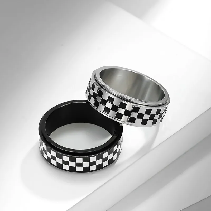 8mm Stainless Steel White/Black Checkered Pattern Spinner Ring for Men Women Size 6-12