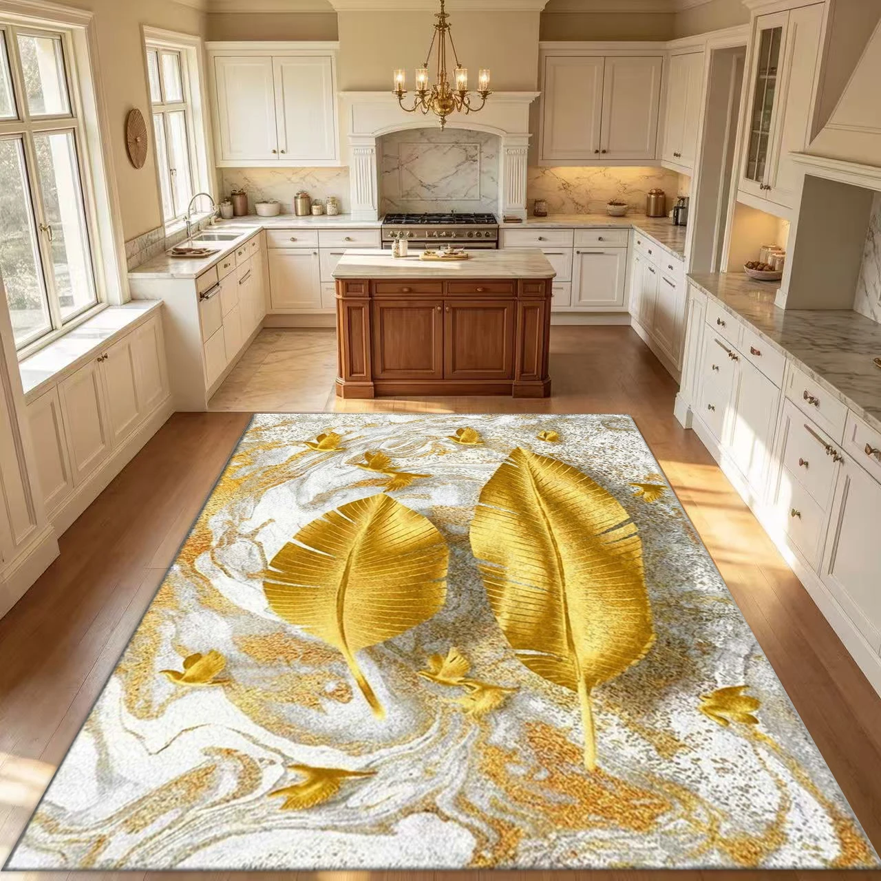 Luxurious Golden Banana Leaf Marble Texture Carpet Floor Mat Modern Art Non-Slip Rug Suitable for Living Room Bedroom Home Decoration