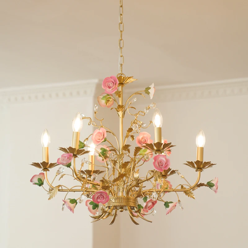 

retro pastoral living room dining room pink ceramic rose chandelier bedroom clothing store French living room main light