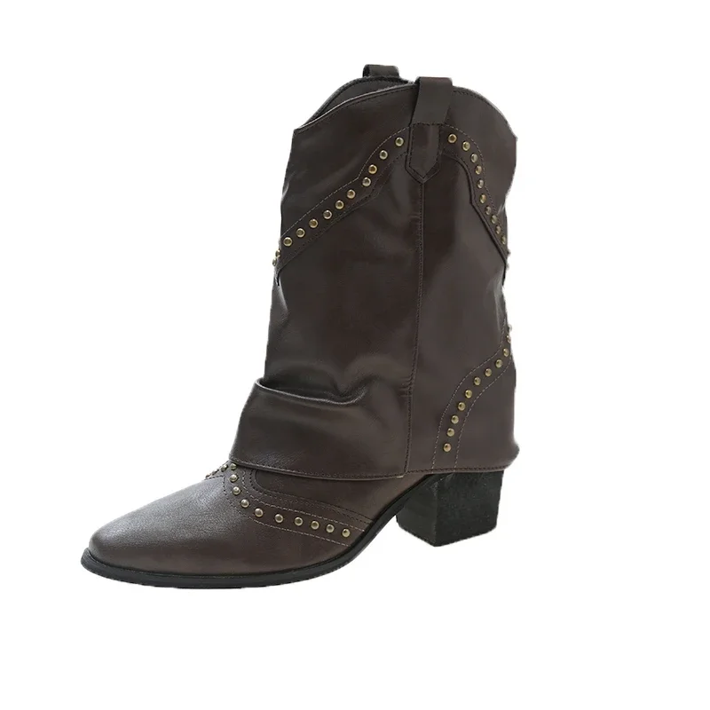 

Ковбойские сапоги в стиле вестерн для женщин, весна-осень, новые брючные сапоги до середины икры на высоком каблуке, женские ботильоны с острым носком на толстом каблуке