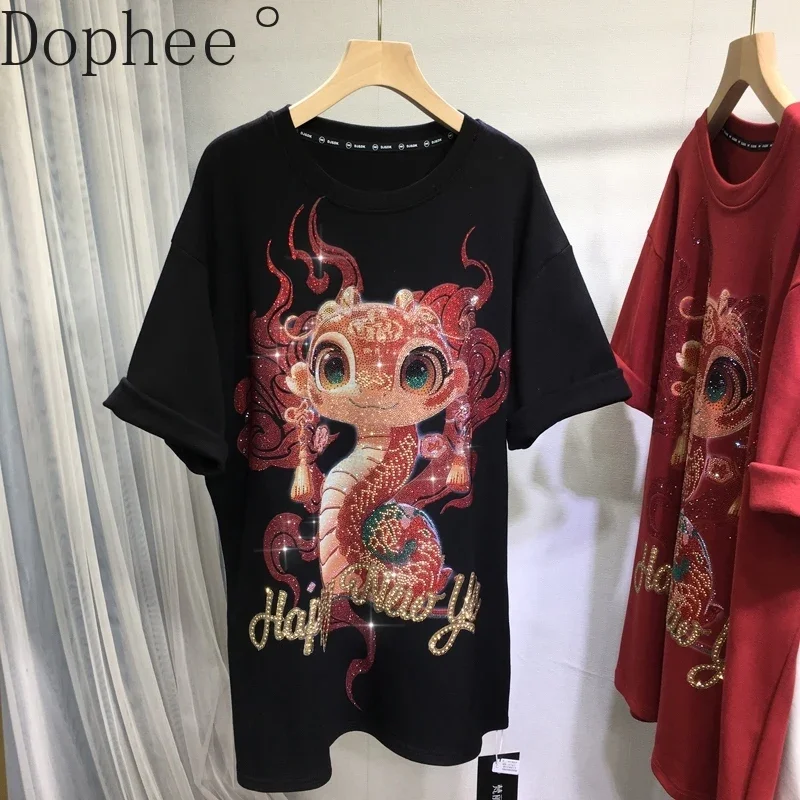 Thicken Sanding Autumn Winter Short Sleeve Women T-shirt Cute Snake Hot Drilling Luxury O-neck Pullover Top Loose Basic Tees