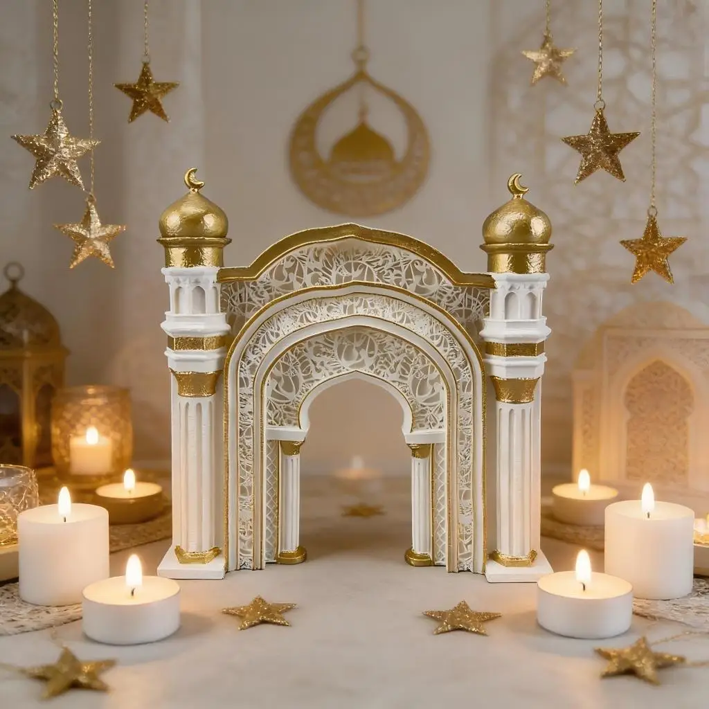 Islamic Ramadan Decor Mosque Arch Ornament with Tealight Holder Eid Mubarak Home Decoration Muslim Festival Desktop Ornament