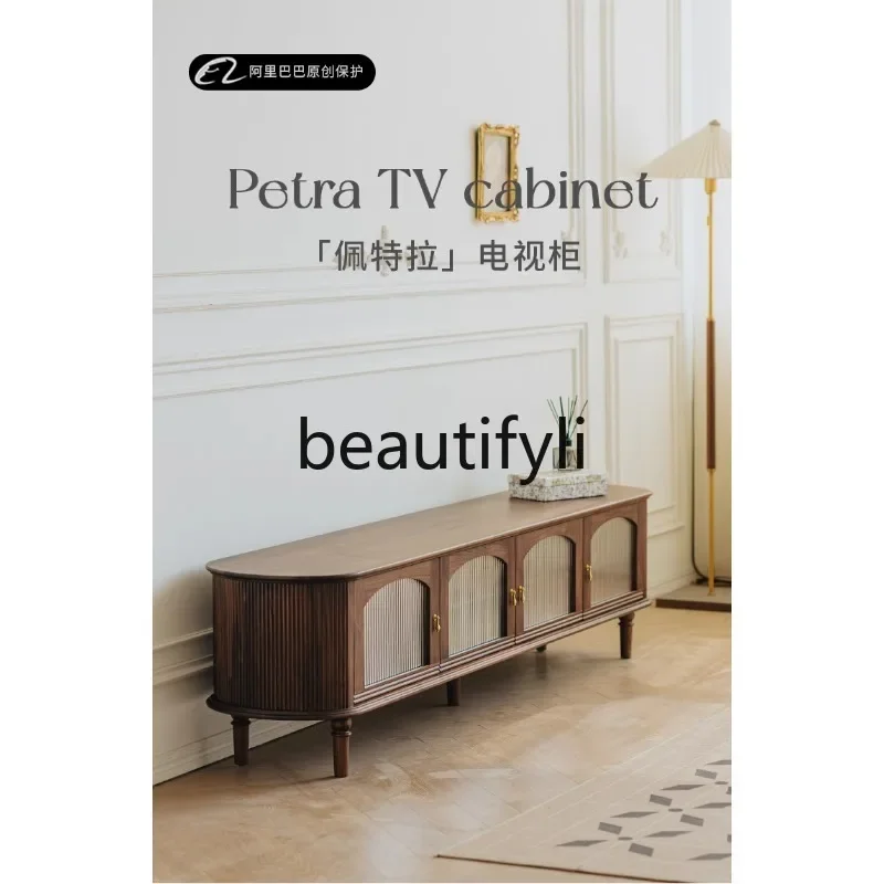 

Black walnut solid wood TV cabinet Nordic retro living room Changhong glass TV cabinet