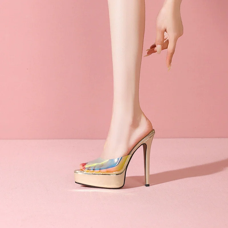 Women's Holographic Pvc Platform Mules Open Toe Slip-On Stiletto Heels Glam Footwear for Parties Events Vacation All-Season Wear view 2