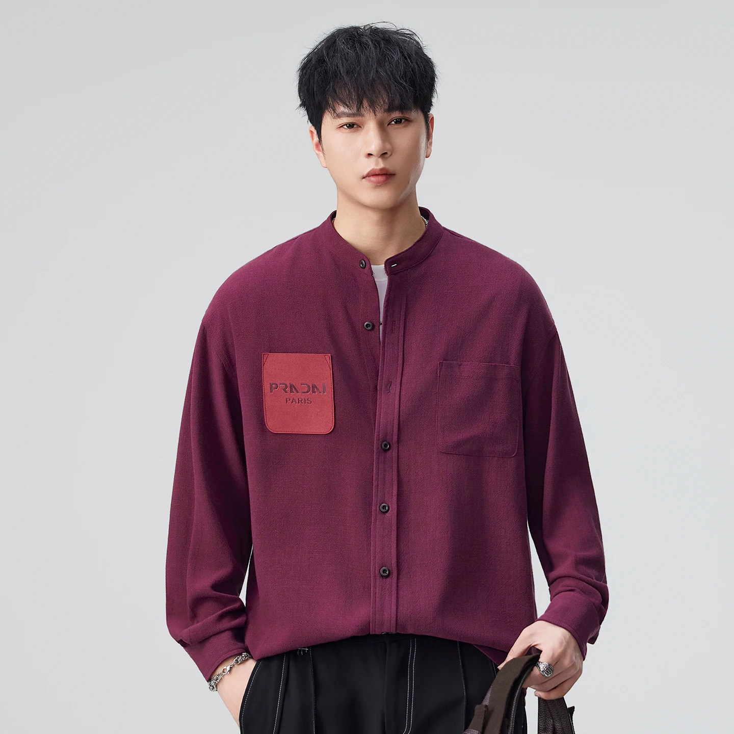 

Stand Collar Line Shirt Men Fashion Vintage Streetwear Loose Casual Long Sleeve Plus Size Shirts Male Blouses Tops