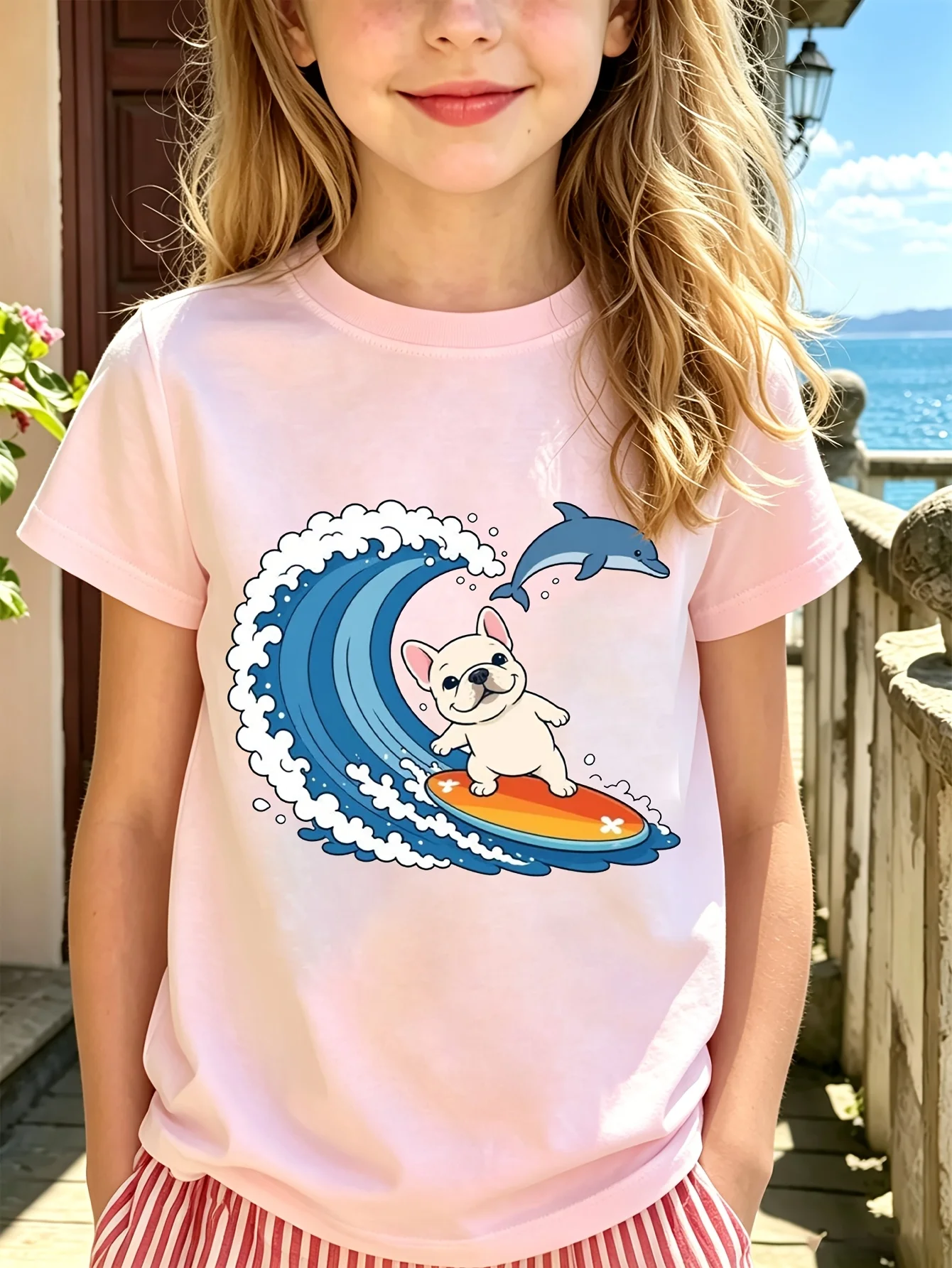 Surfing Bulldog Kids Tee Dolphin Wave Cartoon Graphic Print Boys Girls Family Matching Cotton Short Sleeve Children Tshirt
