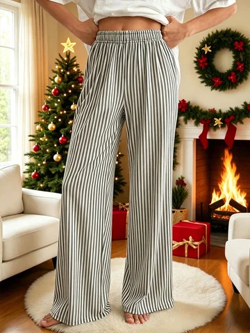 Womens Striped Casual Pants Stretchy Lazy Wide Leg Loungewear Soft Elastic Straight Leg Leggings Comfortable Baggy Home Bottoms