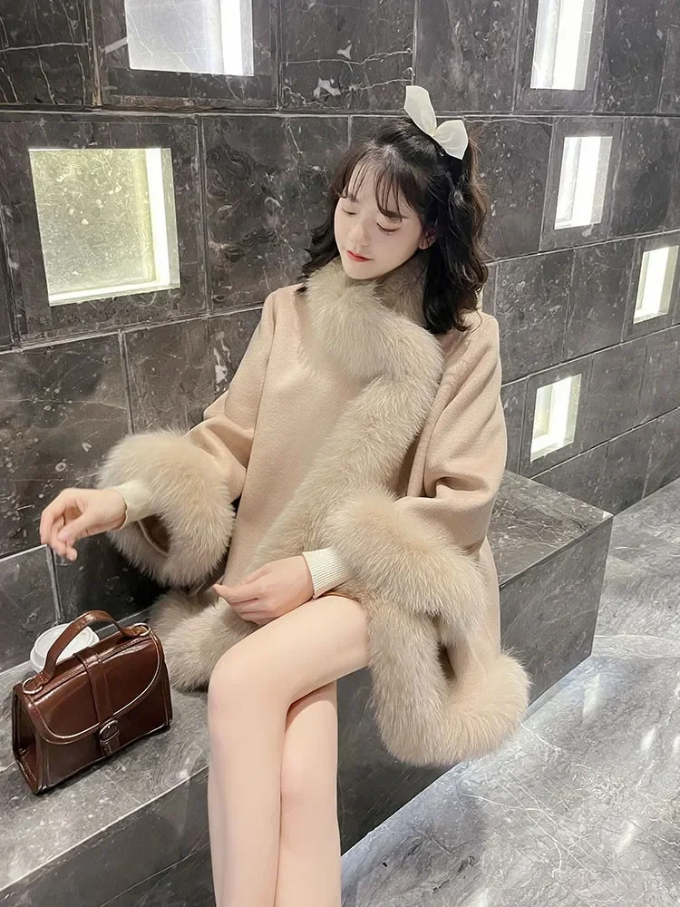 Winter Women\'s Fake Fox Fur Coat Wool Cloak Cashmere Warm Jacket Detachable Collar Open Stitch Thickening Female Coat T666