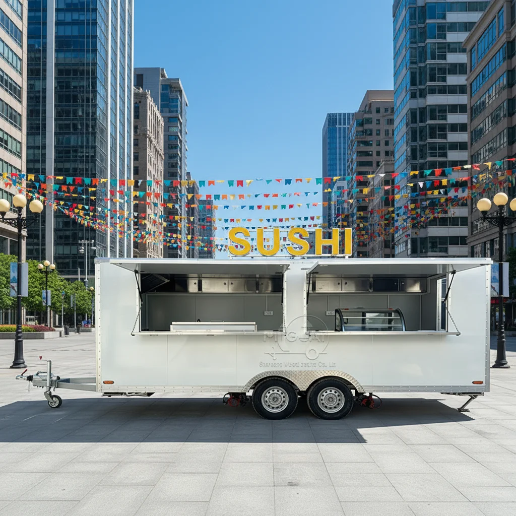 

Белый передвижной кухонный прицеп из нержавеющей стали для коммерческого кейтеринга с окнами для выдачи еды