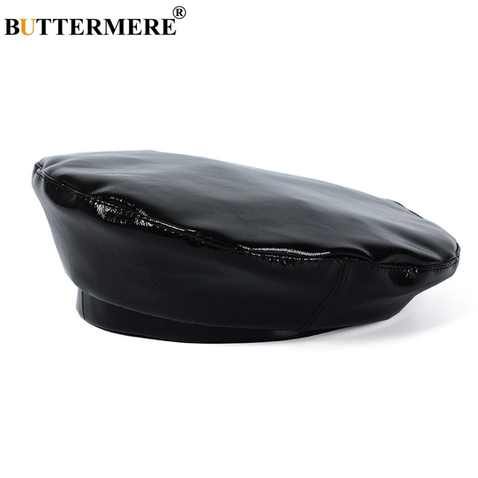 BUTTERMERE Leather Woman Beret Black Vintage French Painter Hats Female Solid Casual Autumn Classic Artist Caps Berets Hat Lady