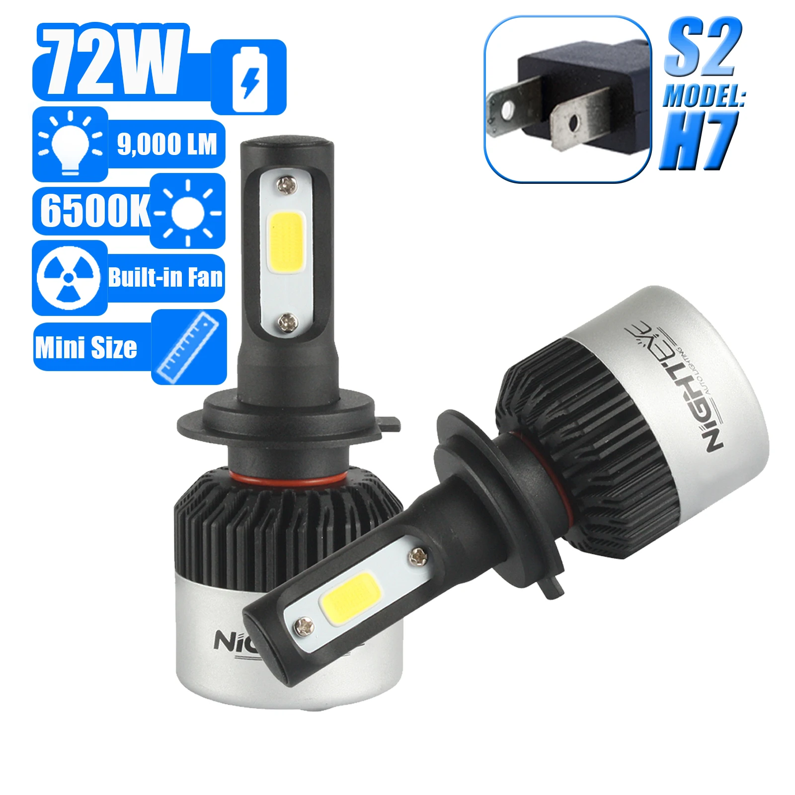 NIGHTEYE H7 led Car Headlight Fog Light Lamps Bulb Automobole Quad Light Bulbs Auto LED Lamps 72W 9000LM 6500K 12V Built in Fan