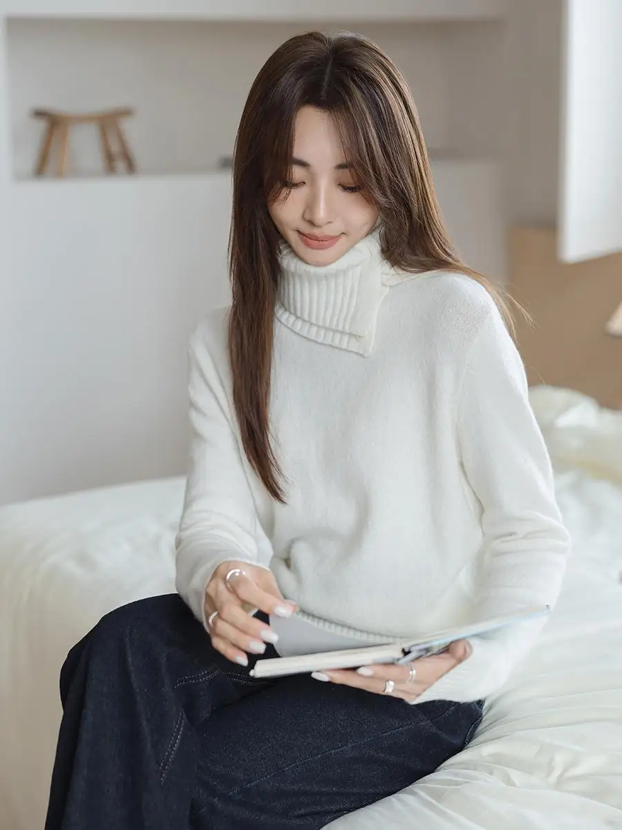 

Белый женский свитер с высоким воротником из мягкого трикотажа со съемным шарфом, зимний модный повседневный стиль, прямой крой, шерстяная смесь