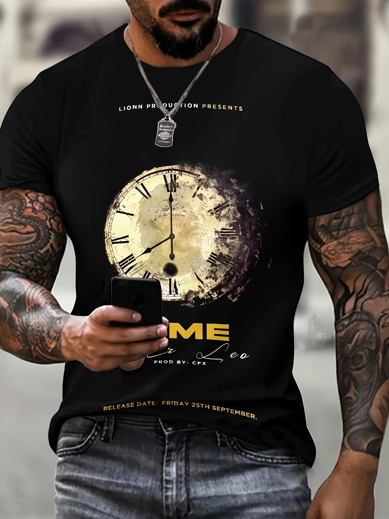 

2024 New Men's Trendy Clock Pattern Casual T-shirt