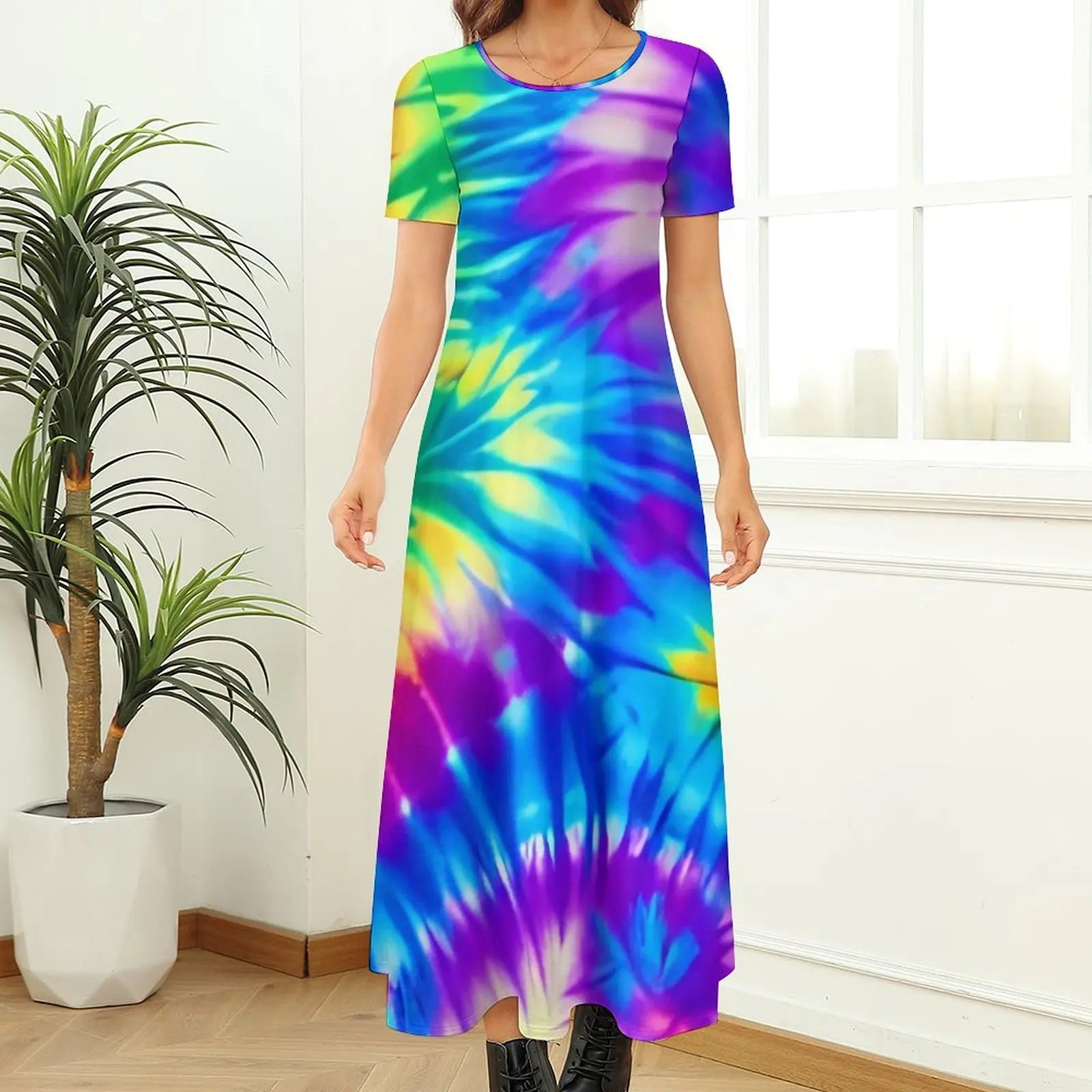 Abito colorato Tie Dye stampa arcobaleno abito lungo carino Street Style Boho Beach abiti lunghi donna manica corta abbigliamento oversize