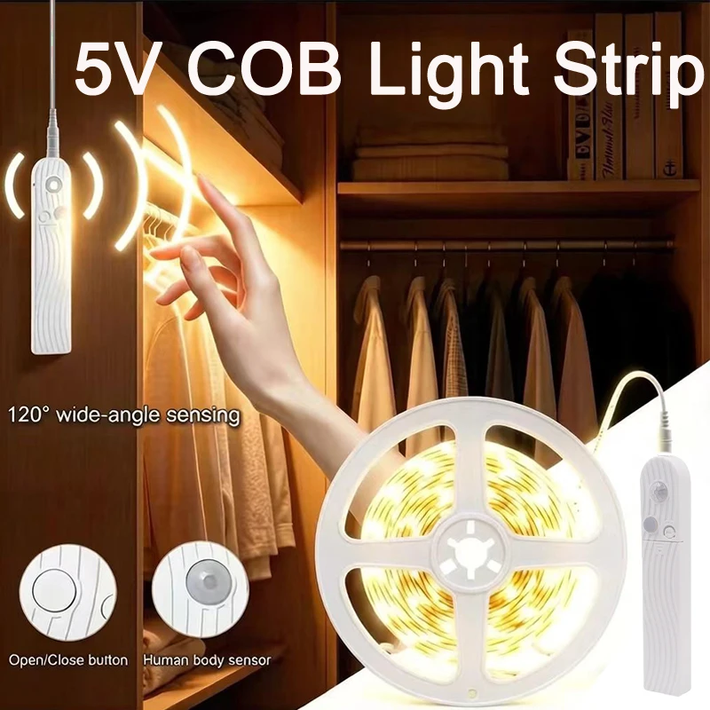 5V 320LEDs/m COB LED-Lichtband mit Bewegungssensor Flexibles Selbstklebendes Band Batteriebetrieben für Schrank- und Küchenbeleuchtung