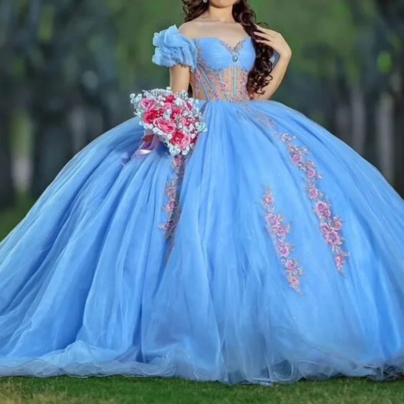 

Мексиканское платье Quinceanera для девочек 15–16 лет, бальное платье с короткими рукавами и иллюзией, цветочной аппликацией, женское платье для дня рождения и выпускного вечера