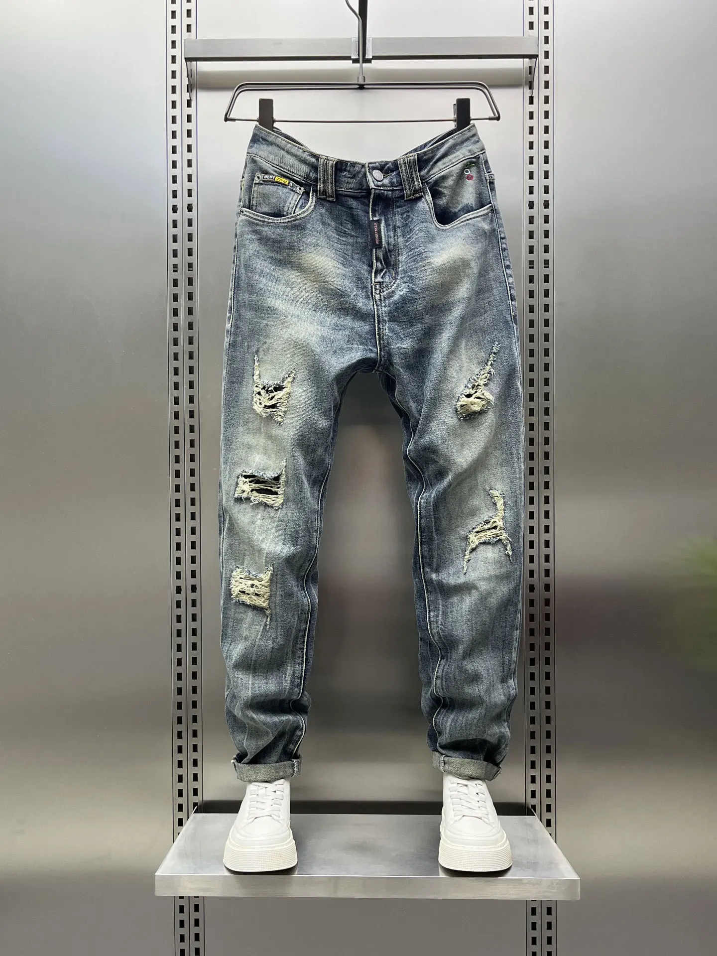 

Retro Washed Denim Jeans Men's Straight Leg Pants Spring 2026 Trendy Brand Hole Punching Slim Fit Korean Style Casual Jeans