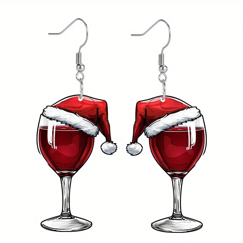 Double Sided Acrylic Christmas Hat Wineglass Drop Earrings For Women Girls Xmas Party Jewelry