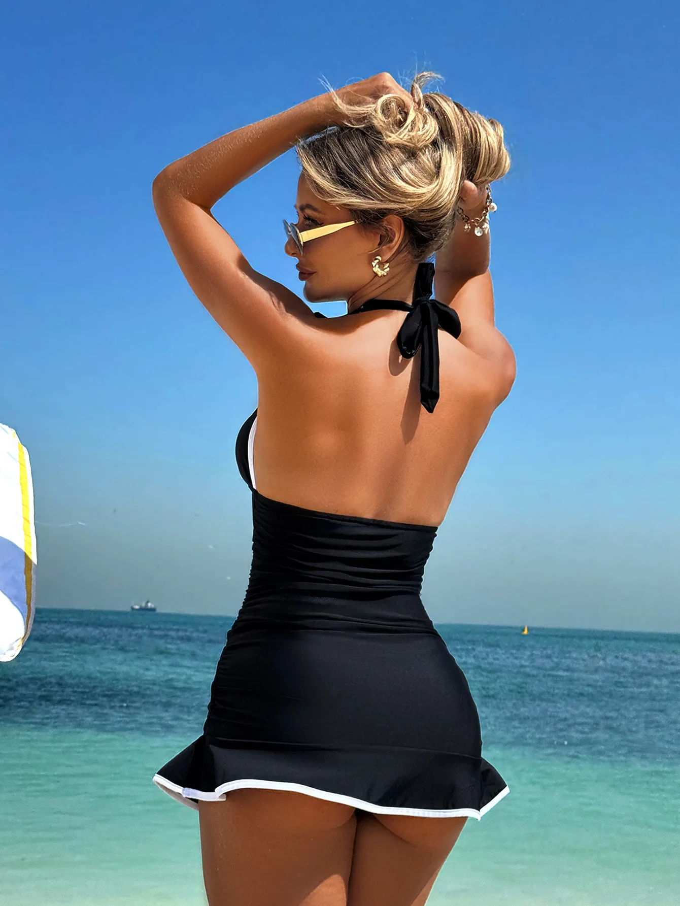 2026 Women's Ruffle Trim One-Piece Swimsuit Tummy Control Modest Two Piece Swimsuit for Hot Spring Summer Holiday Black Swimwear