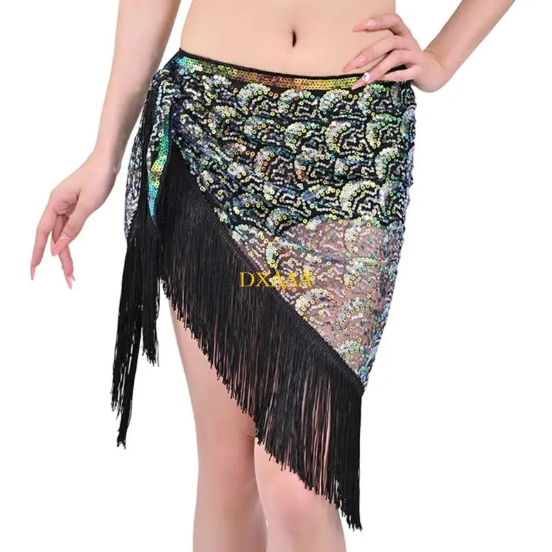 DXAA 조정 가능한 드리 워진 삼각형 스카프 댄스 의상 및 연극 쇼를위한 빛나는 허리 액세서리