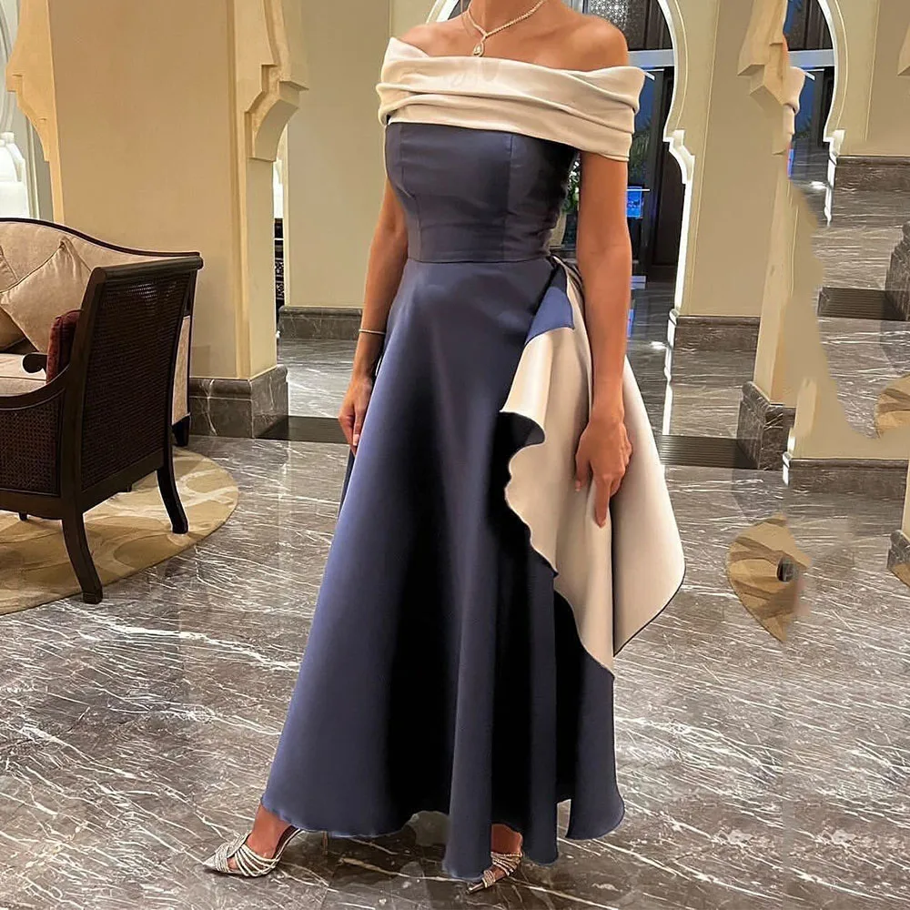 

Evening Dress Off Shoulder Backless A-line Contrast Color Prom Gown Pleat Boat Neck Maxi فساتين للحفلات الراقصة