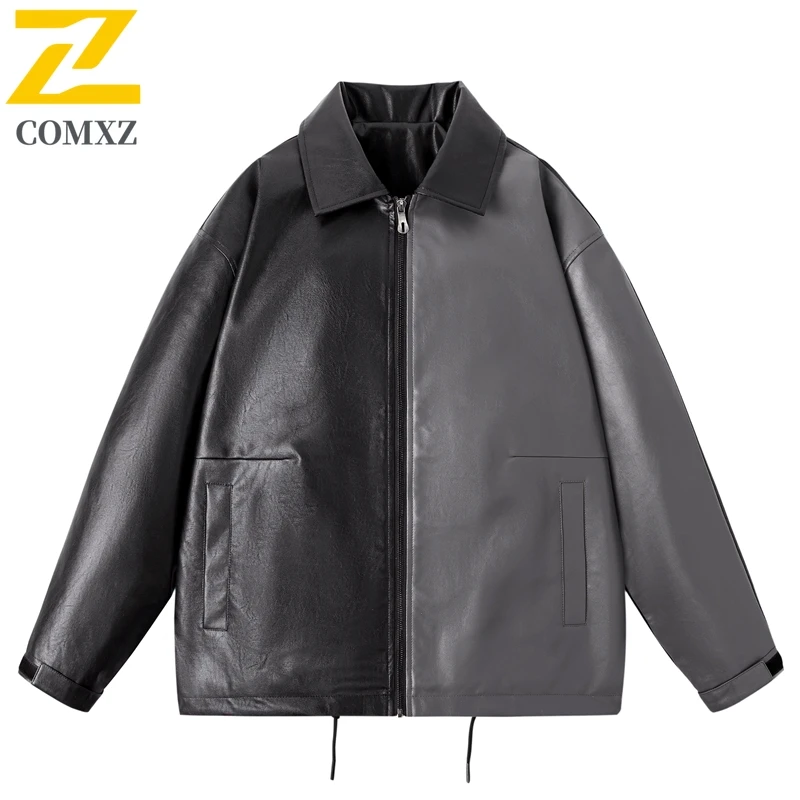 

COMXZ Men Motorcycle Leather Jacket Classic Color Block Camping Windproof Coat Premium Adventure Multi Functional Autumn Coats