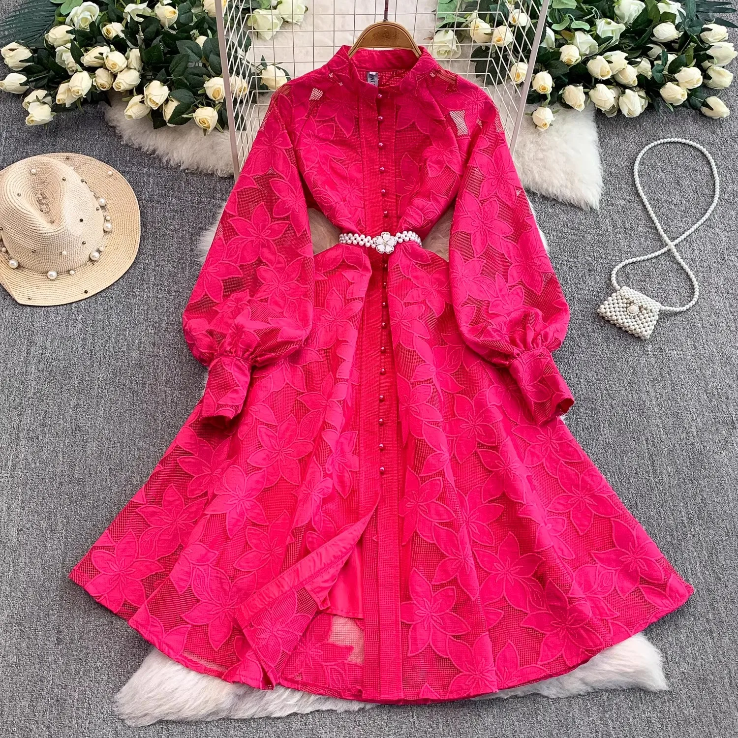 فستان نسائي خريفي عتيق مطرز أنيق بصدر واحد ميدي على شكل حرف A من الدانتيل فستان مكتب سيدة للحفلات الراقصة المسائية مع حزام