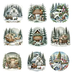 13cmChristmas snow car house Iron On Heat Transfer Sticker For Clothes DTF Pinted Vinyl Thermal Appliques Washable T-Shirt Decal