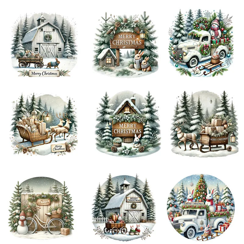 13cmChristmas snow car house Iron On Heat Transfer Sticker For Clothes DTF Pinted Vinyl Thermal Appliques Washable T-Shirt Decal
