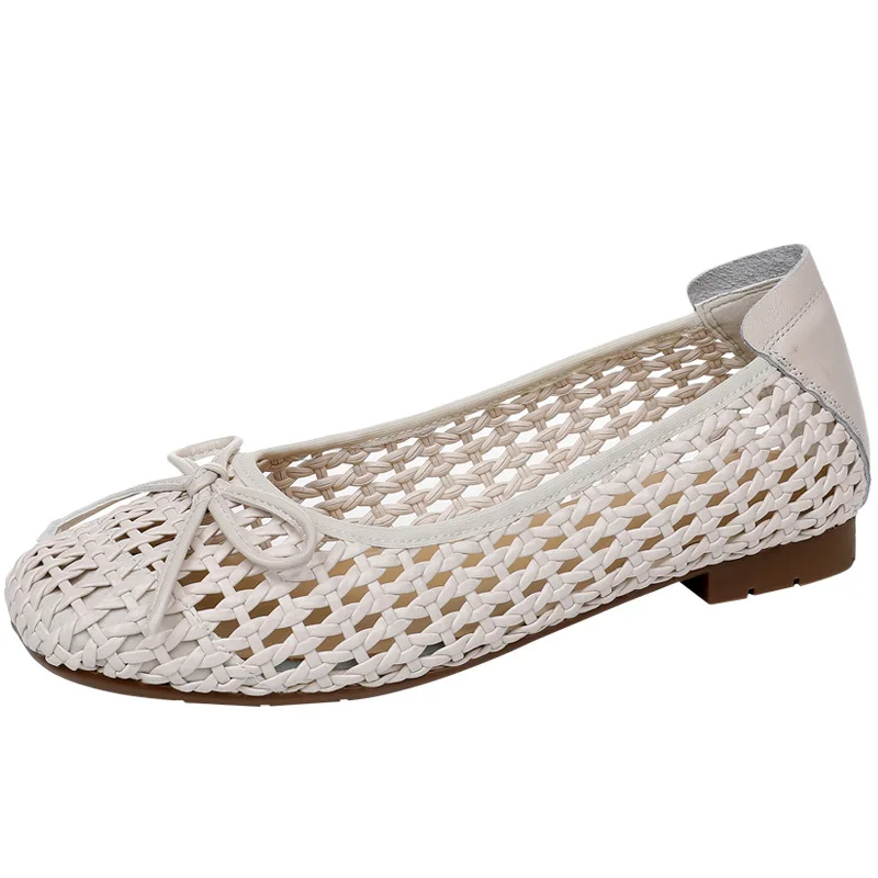 GKTINOO 2025 Summer New Genuine Leather Sandals For Women Hand-woven Hollow Low Heels Soft Sole Large Size Women's Shoes