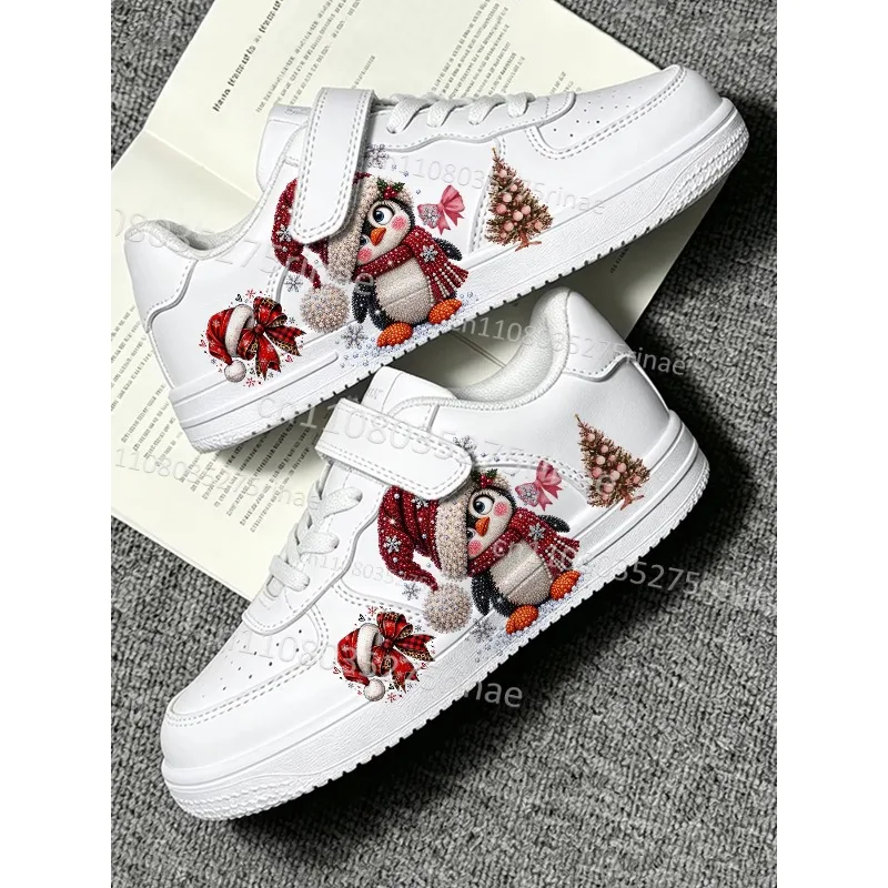 Christmas Cartoon Penguin Santa Print Xmas Tree Bow Light Bulb Decor Boys Girls Lightweight Children Platform Series Shoes