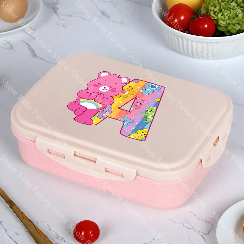 Cute Care Bears Lunch Box Portable Anime Letter A-Z Meal Case with Spoon Fork Student Office Supplies Fruit Food Containers Gift