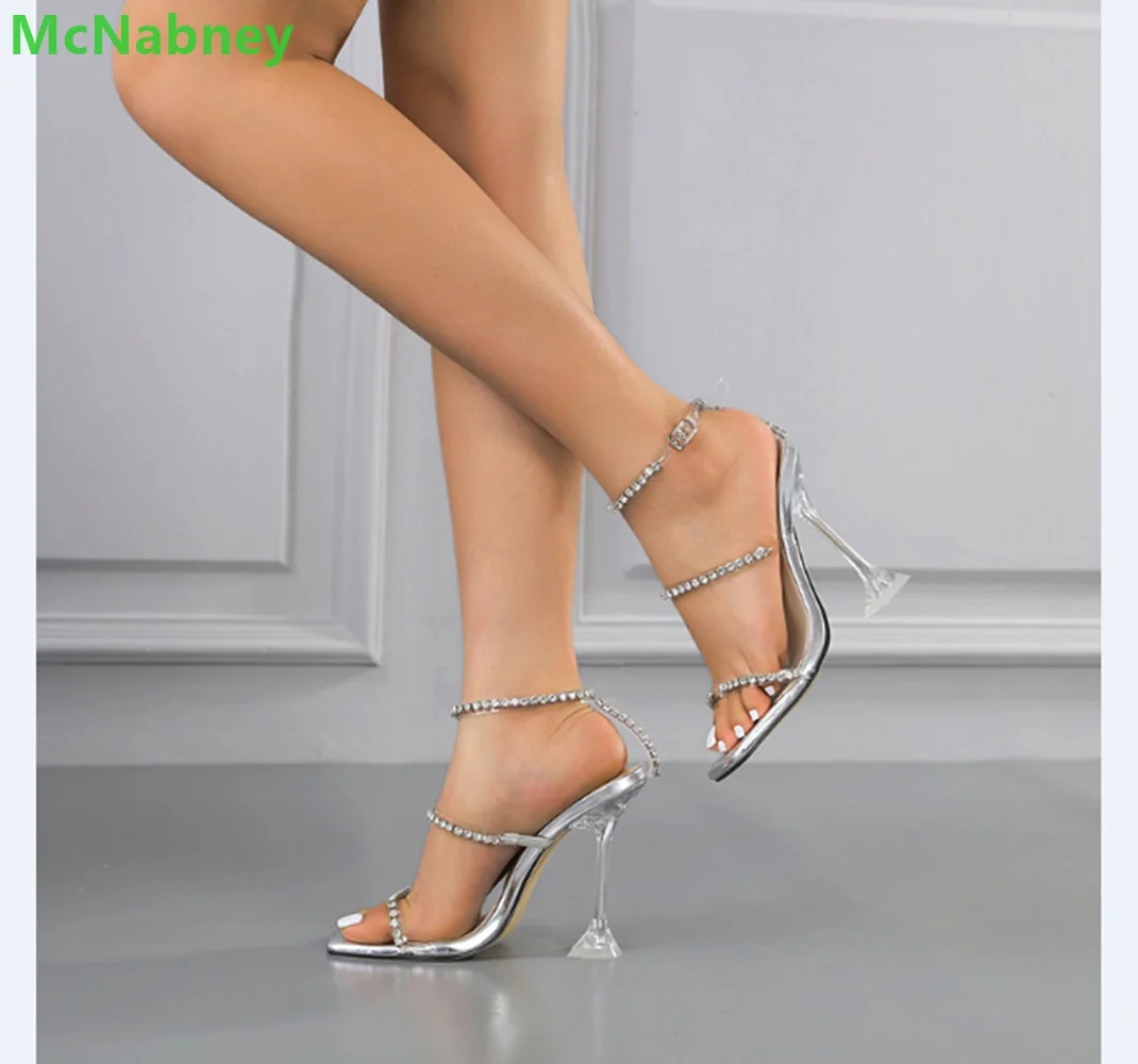 Transparent High Heel Crystal Sandals For Female Women Square Toe Ankle Buckle Strap Sexy Shallow Fashion Elegant Summer Shoes