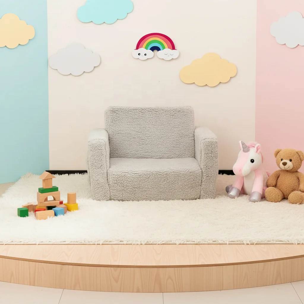 #Grey Sherpa Fabric Kids Convertible Sofa Bed Soft Plush Toddler Chair with Side Pocket for Kids Room Nursery Furniture