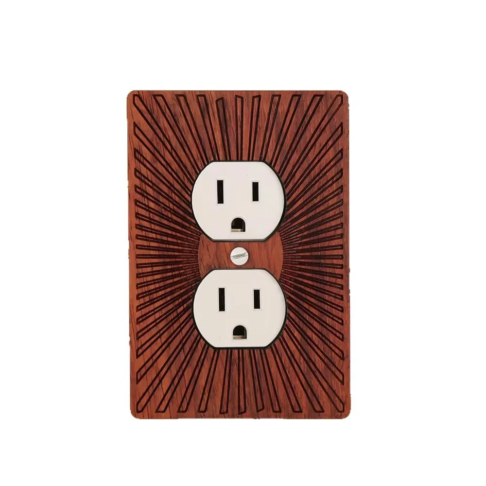 Mid Century Solid Wood Wall Plate Cover, Sunburst Red Wood Grain Switch Outlet Cover US Standard, Retro Home Wall Decor