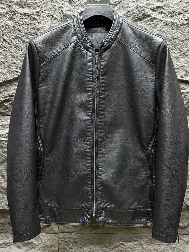 

Повседневное мужское кожаное пальто Jaet с бейсбольным воротником, высококачественная строчка, модное лоскутное пальто Thiened Long Sve на молнии