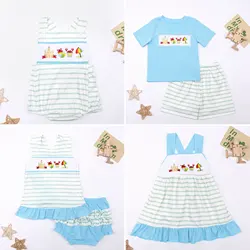 Ropa Exquisite Summer Small Flying Sleeve Round Neck Dress Crab Pattern Blue Girl Top T-shit And Green Stripe Romper Boy Clothes