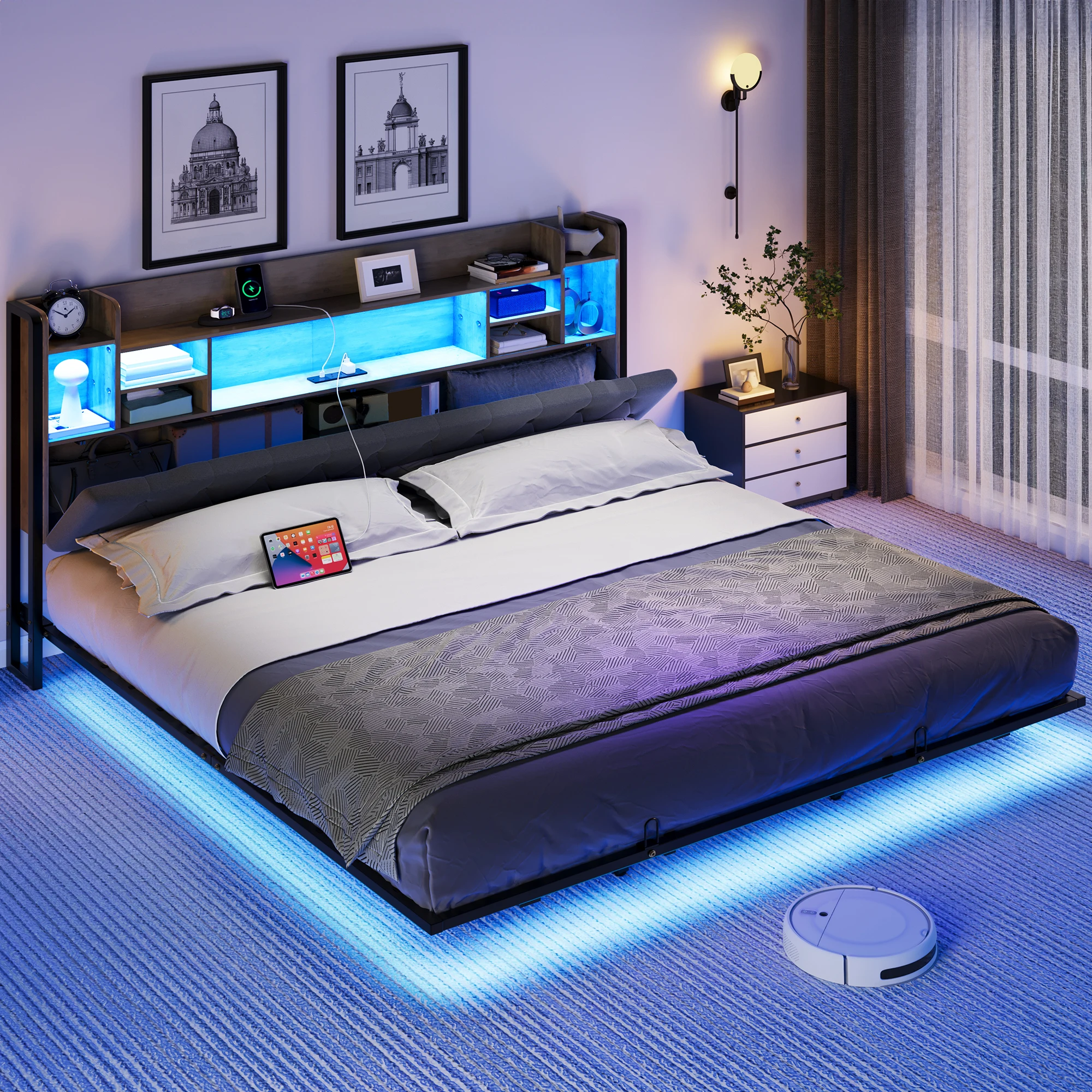 Balconera Super King Bed Frame - Cabecero LED con carga USB, plataforma de metal y 2 estantes de almacenamiento, sin somier, color madera