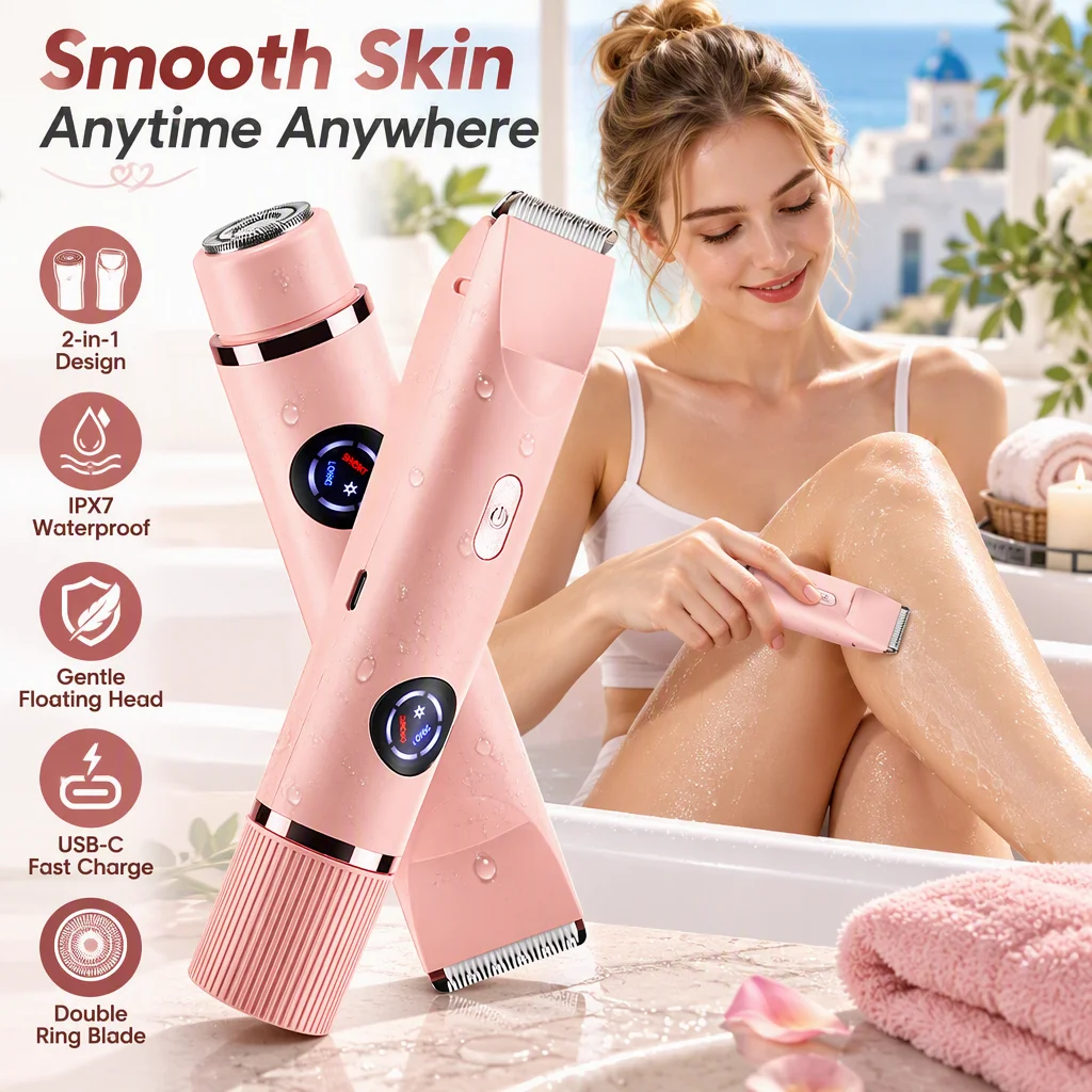 Elektrischer Rasierer für Damen, 2-in-1-Körperrasierer, wasserdicht nach IPX7, wiederaufladbar, schmerzfreier Rasierer für Beine, Arme, Achseln und den Bikini-Bereich. – Detail 1