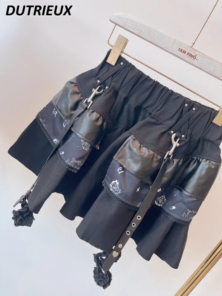 Summer Elastic Waist All-Matching Short Skirt Hot Cool Girl Punk Pleated Pu Stitching Printing Rivet High Waistes Mini Skirts