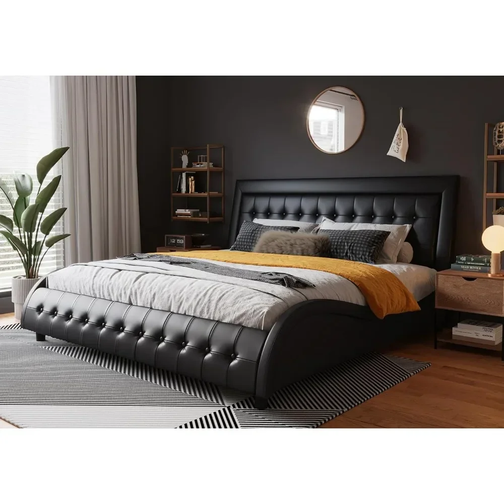 

Bed Frame/Faux Leather Upholstered Bed Frame with Adjustable Headboard/Wood Slat Support/Wave-Like Modern BedLM