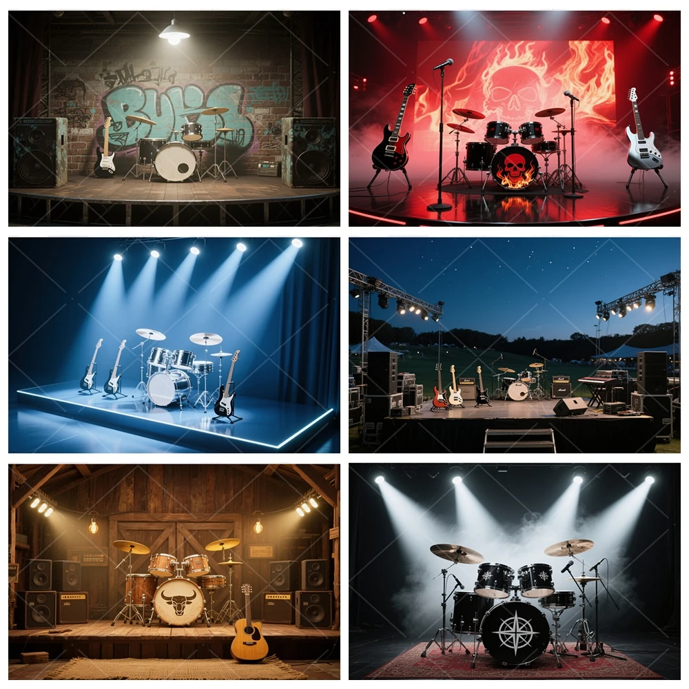

Rock Band Stage Background Music Concert Themed Party Photo Portrait Guitar Drum Decoration Banner Photography Studios Props