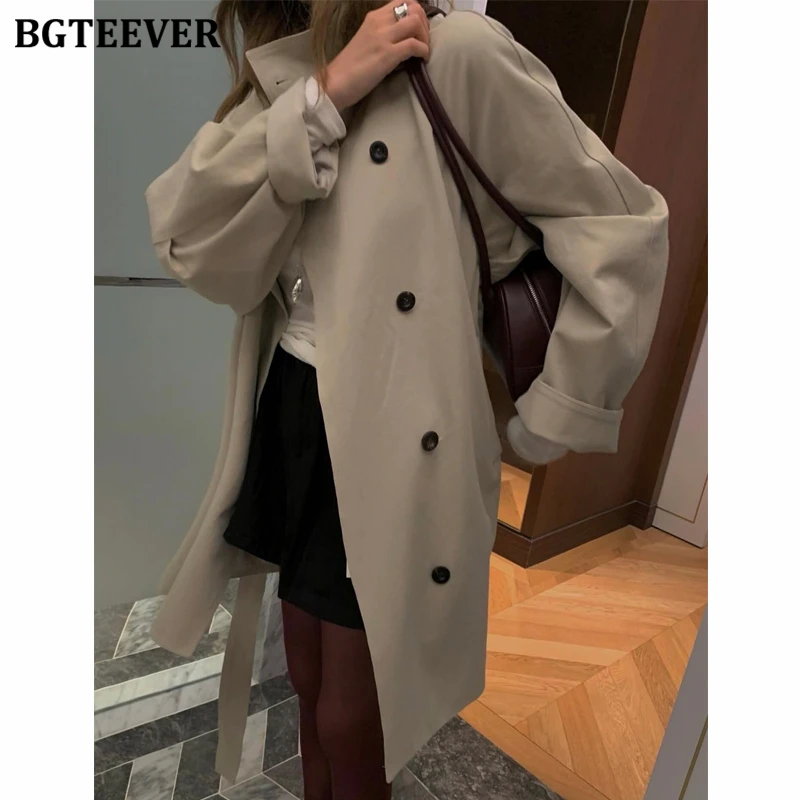 

BGTEEVER Chic Stylis Warm Loose Single-breasted Female Windbreaker Autumn Winter Fashion Long Sleeve Belted Ladies Trench Coats