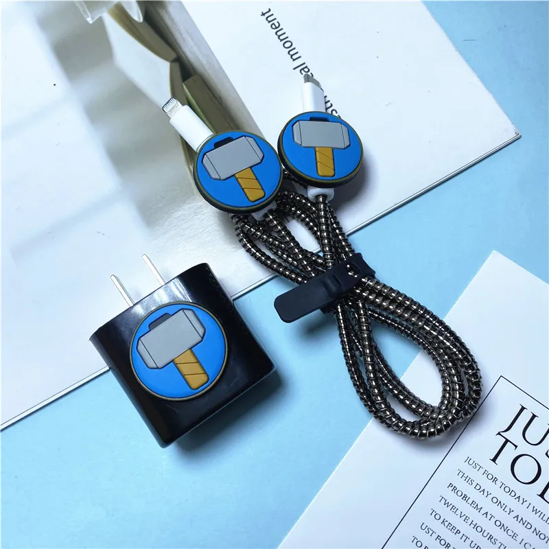 Cartoon Marvel Cable Winder Set For iPhone 11 12 Fast Charging 18/20 W Plug Data Line Charger Protection Sprial Cable Protective