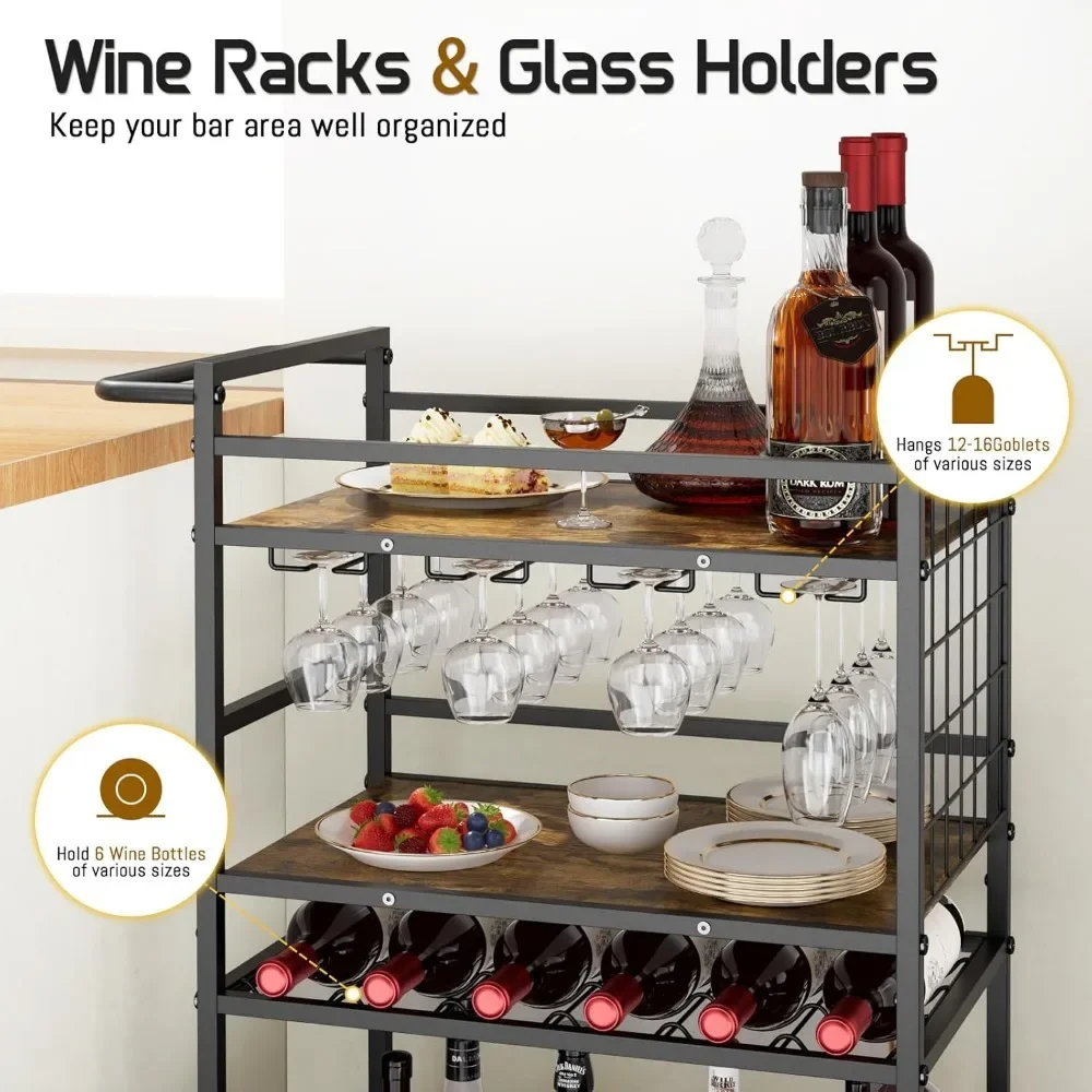 3 Tier Bar Cart on Wheels, Rolling Drink Trolley, Home Bar Service Cart with Wine Rack and Glass Rack for Kitchen Dining Room