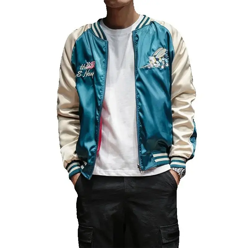 سترة منفوخة مطرزة من الساتان للرجال Sukajan Crane Hiphop Kpop معطف فاسق للأولاد ملابس هاراجوكو لخريف وربيع 2025 للنساء Y1